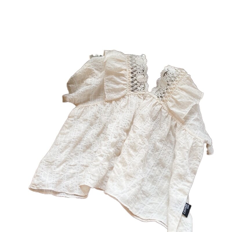 Meisjes Korte Mouw Zomer Zoete Leuke Kant Kleine V-hals Kinderen Casual Effen Kleur Katoenen Baby Shirt Meisjes Shirts