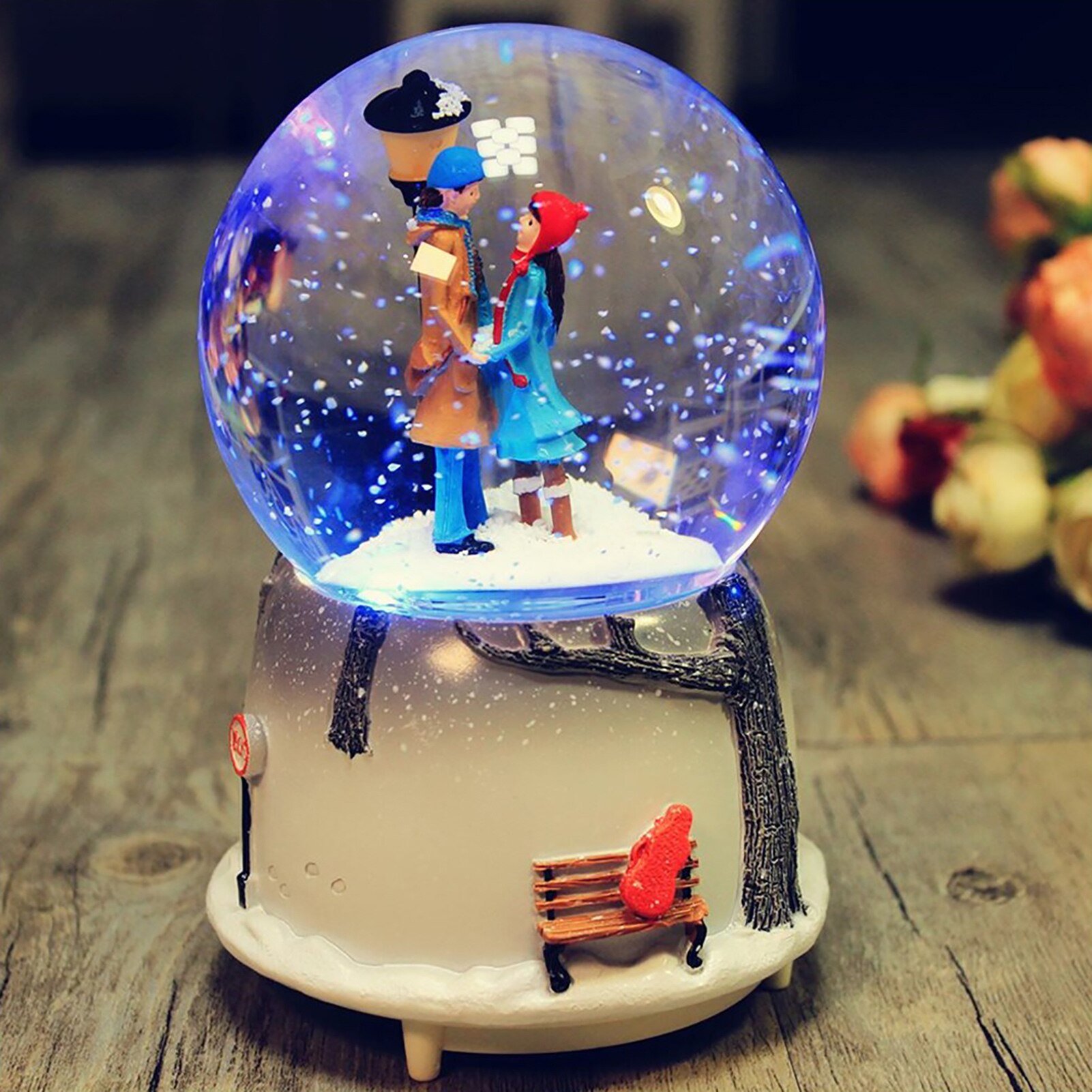 Crystal Ball Romantic Music Box Couple With Light Music Snowflake Rotate Birthday Valentines Day Wedding