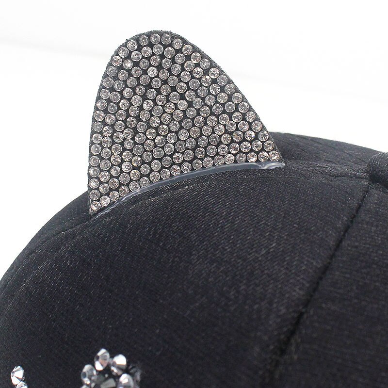 Gorra de béisbol ajustable con orejas de gato para niños, gorro con diamantes de imitación, perlas, ajustable, para primavera y verano