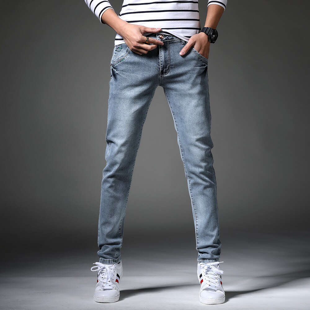 Jeans Men Classic Elasticity Skinny Jeans Business Casual Male Denim Slim Pants Style Gray Blue Jean Trousers Plus Size
