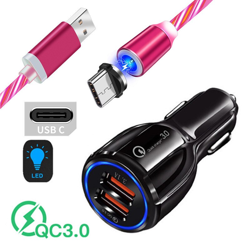 Para samsung galaxy m21 a5 2017 a51 usb 3.0 carregador de carro rápido redmi 9 adaptador tipo carga magnética cabo c para huawei p30 honra 9x: Car Charger 1M Cable