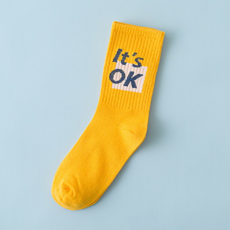 Men and Women Socks Street hip-hop autumn and winter Crew Socks Alphabet College Wind Socks: Yellow OK