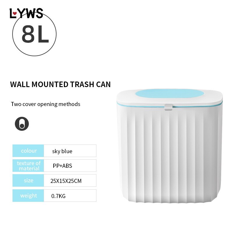 Wall Mounted Trash Can Kitchen Cabinet 8L Wall Hanging Recycling Waste Bin With Lid Garbage Bin Kitchen Bathroom Toilet Dustbin: 8L Sky Blue