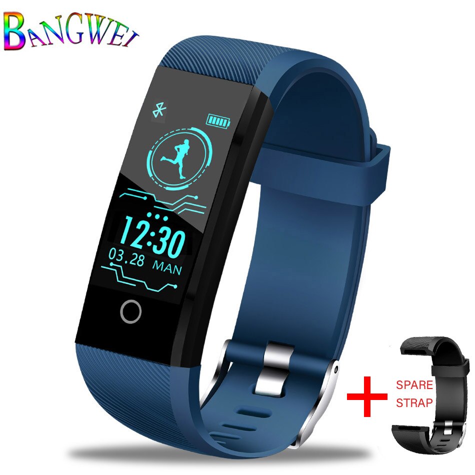 Smart armband sportklocka vattentät fitness tracker hälsoklocka blodtryck puls smart armband för kvinnor män+box: Blått band