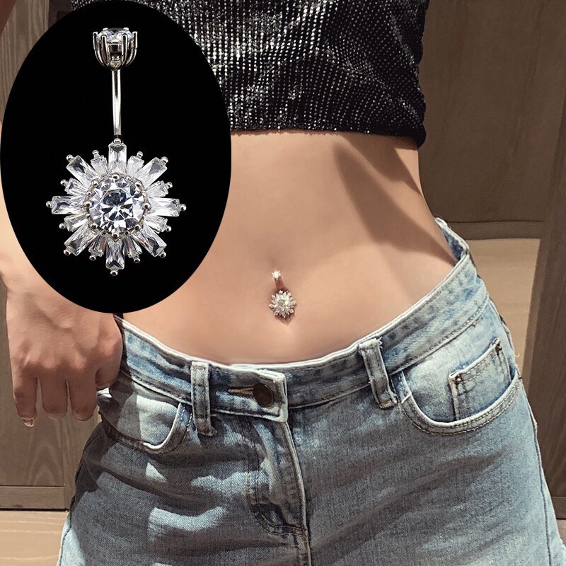 Body Decoratie Vrouwen Mode-sieraden Zirkoon Zonnebloem 925 Sterling Zilver Navelpiercing Knop Ringen Bananabell Voor Meisje