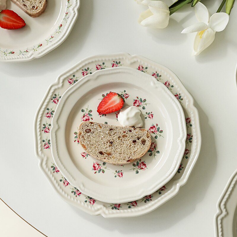 Floriferous Dessert Plate Embossed Edge Dinner Plates Dishes Household Ceramic Plate And Bowls Simple White Tableware