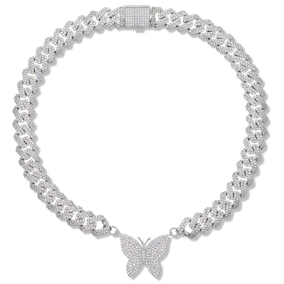 12mm Iced Out Bling cz Miami Cuban Link Chain Butterfly Necklace choker 2Row AAAA cz Bling Bling necklace women Hip Hop jewelry