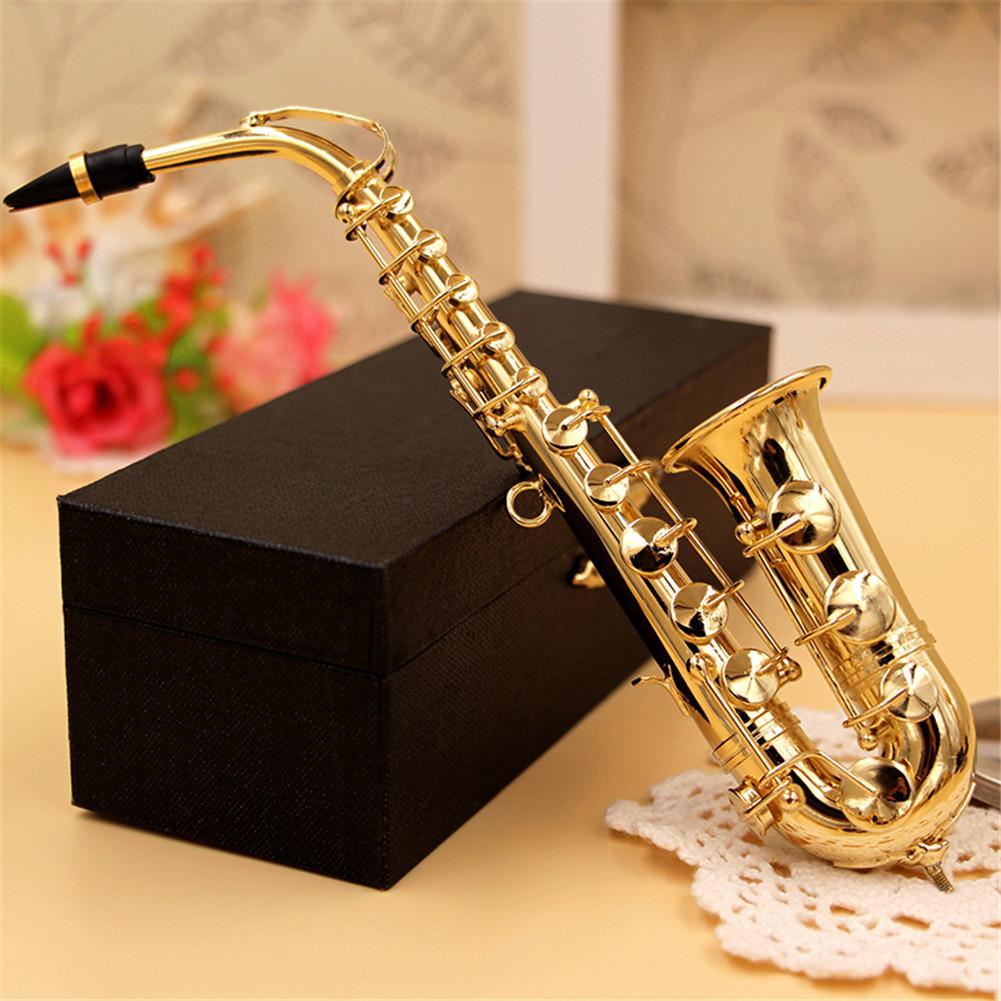 Mini Saxofoon Model Muziekinstrument Koperen Broche Miniatuur Bureau Decor Display Met Doos + Beugel Voor Muziekinstrument
