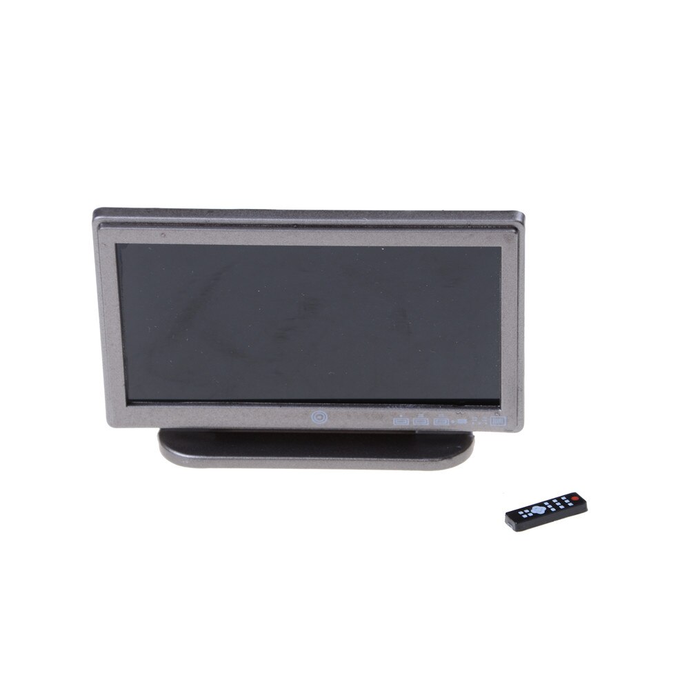 Nieuwste poppenhuis miniatuur breedbeeld televisie flat-panel lcd tv met afstandsbediening grijs klassiek fantasiespel accessoire speelgoed voor kinderen