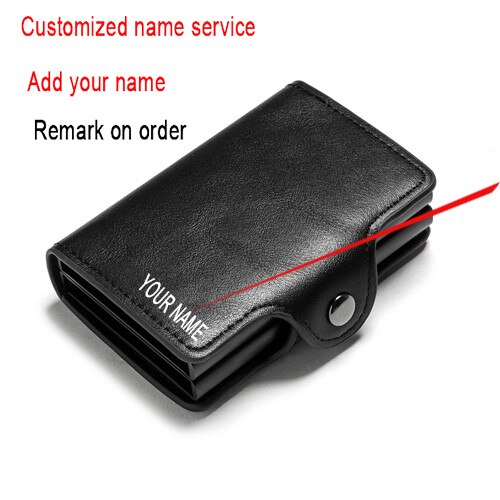 Rfid Blocking Bescherming Leather Wallet Id Credit Card Houder Met 2 Metalen Aluminium Business Bank Card Case Voor 14 Kaarten: Black(Name Service)