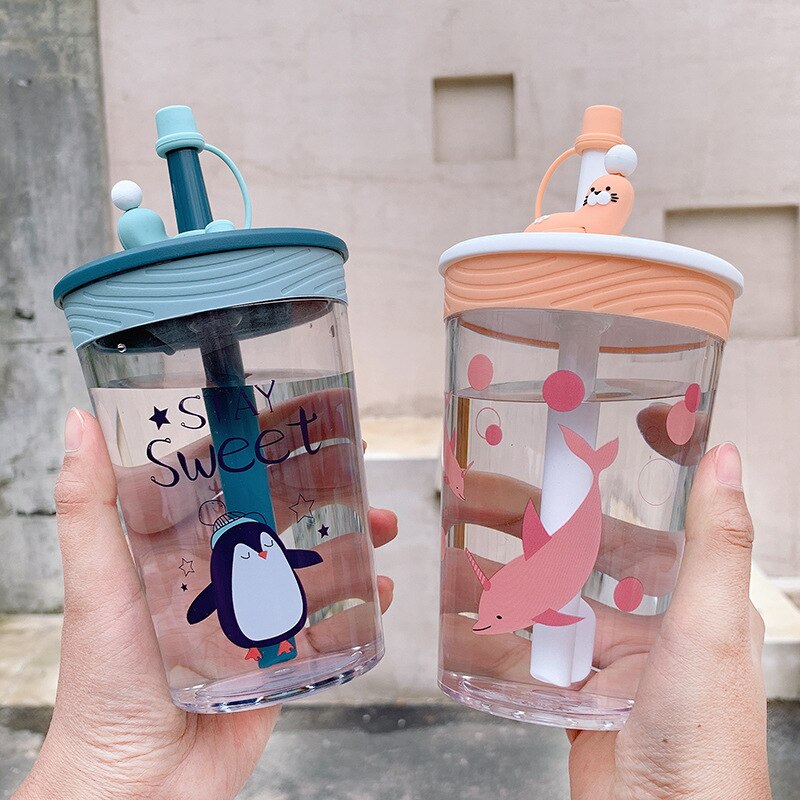 Eenvoudige En Creatieve Anti-Choke Plastic Stro Water Cup Student Take-Away Handvat Leuke Zeeleeuw Plastic Water cup Cup