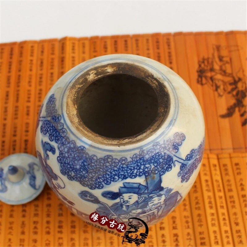 Pintura de porcelana China antigua, maceta azul y blanca