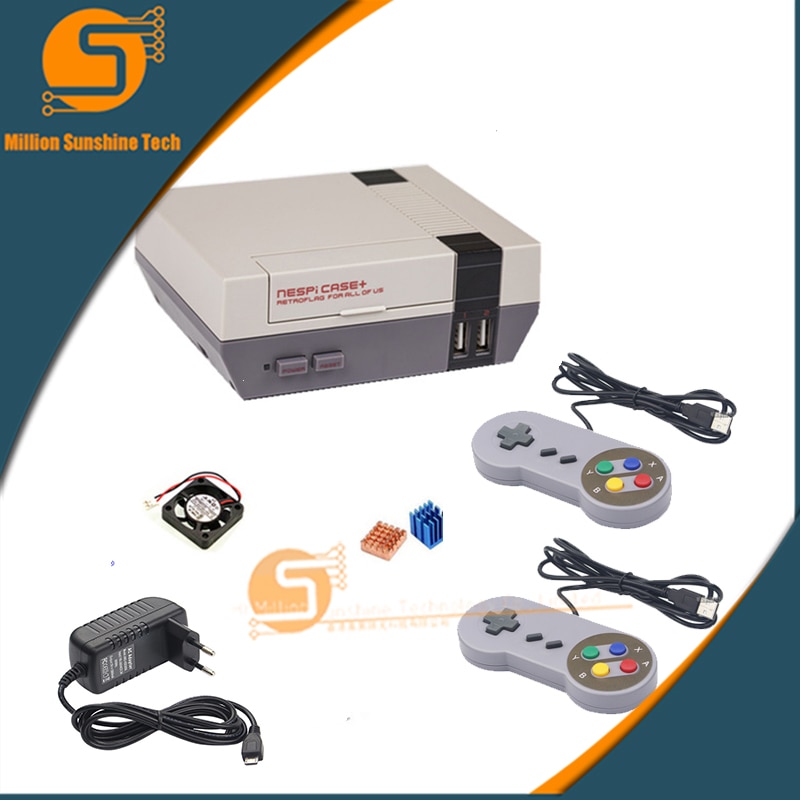Original nespi fodral+ låda för hallon  pi 3 2 b+  rpi 3 plastfodral nes stil med kylfläkt  + 2 spelplatta +16gb+5v 3a ström