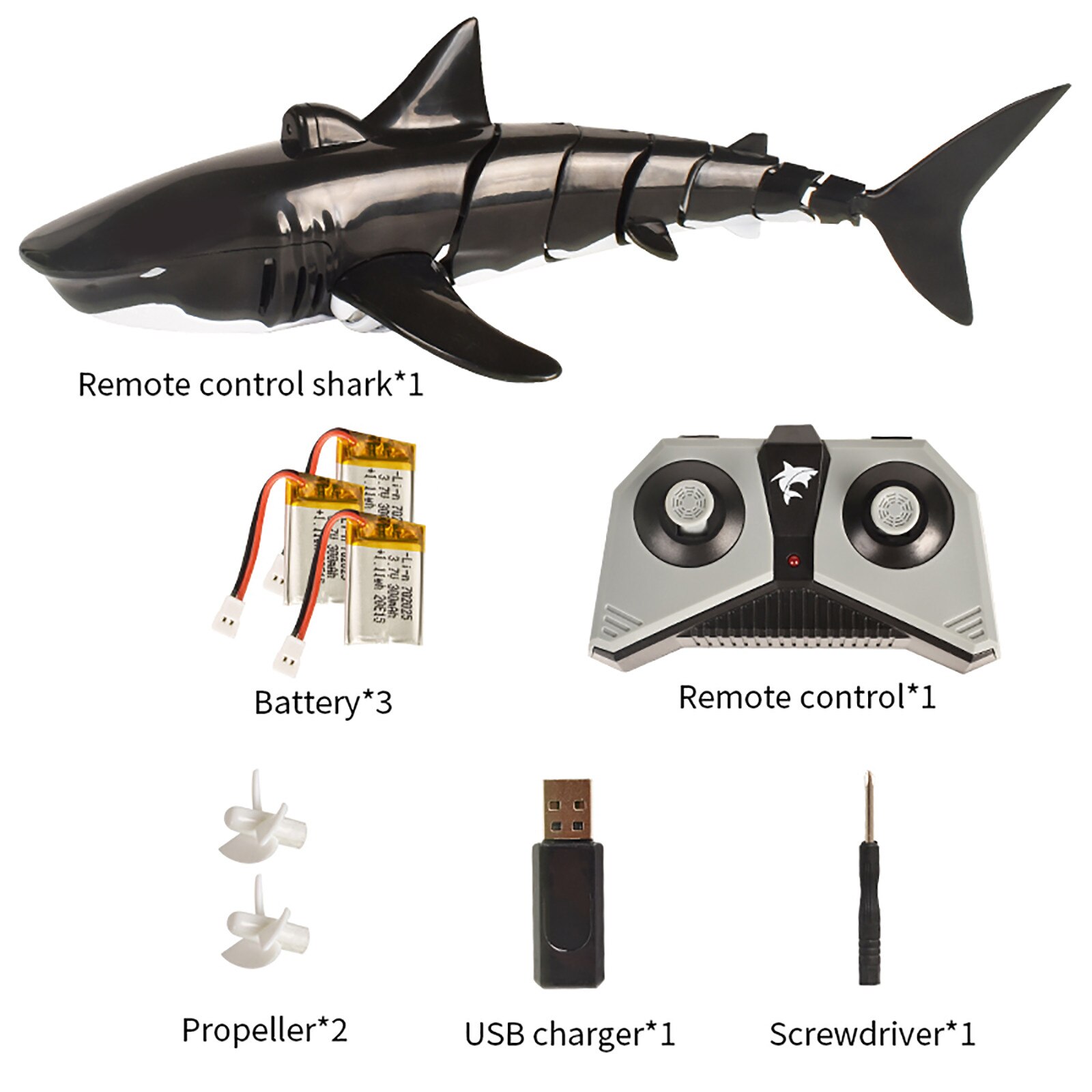 Afstandsbediening Shark Met Koplampen Stimulatie Rc Vis 20 Minuten Oplaadbare Batterij Water Zwembad Speelgoed Voor Kinderen: 3 batteries