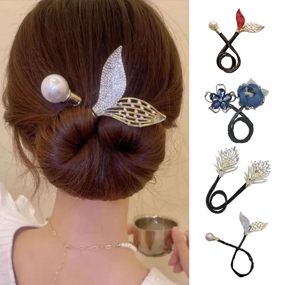 Bun Roller Women's Hair Styling Accessories Set with Flower Fishtail Bun Maker Rhinestone Feather Curler Fast for Long