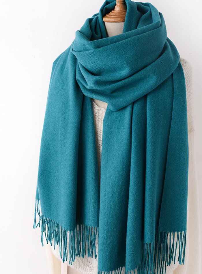 JulyPalette Solid Color Cashmere Scarf For Women Autumn Tassel Lady Long Shawls Pashmina Scarf Winter Warm Thicken Wool Scarves: Blue green