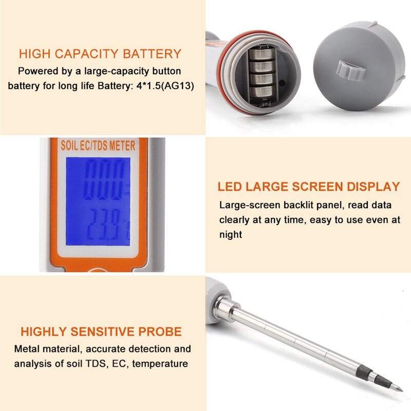 Digital Soil Meter Temperature TDS EC 0-10000Us/Cm High Precision Metal Sensor Conductivity Tester Tool For Garden Farm