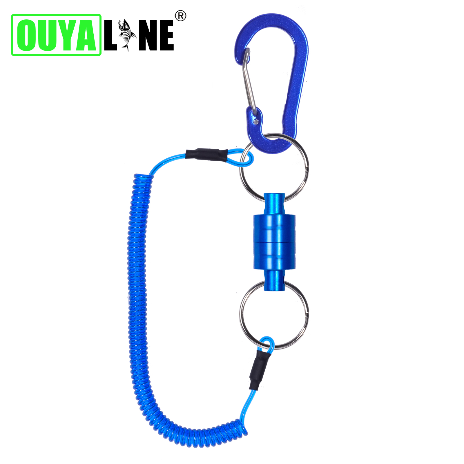 Accesorios de pesca, soporte de liberación de red magnética con cordón en espiral, hebilla de mosquetón de imán fuerte, herramientas de arrastre de cuerda anticaída: Azul