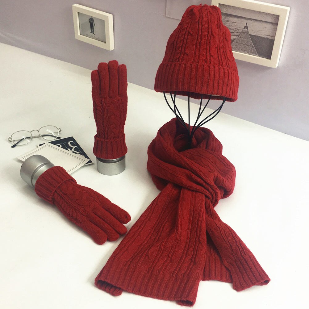 Nyeste vinter kvinder uldne tykke strik hat tørklæde handsker sæt varm blød strikket uld sæt: Rød