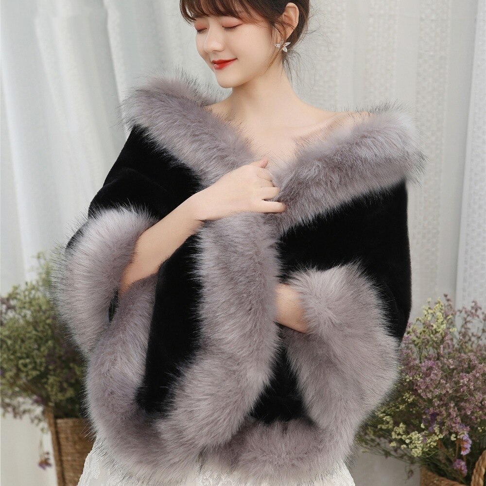 JaneVini Burgundy Wedding Jacket Furry Bridal Faux Fur Shawl Wrap Winter Bolero Cloak Women Evening Party Stole In Stock: Black Gray