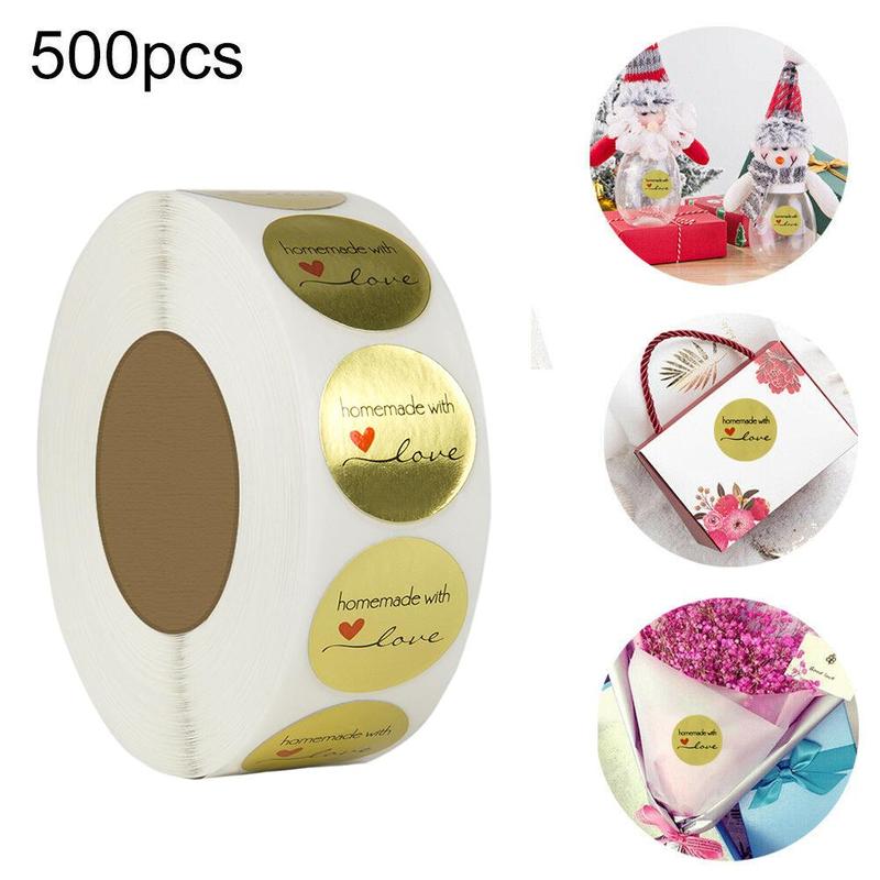 Rollo hecho a mano con corazón de amor, etiqueta de sellado, adhesivo de papel Kraft Natural, pegatinas de de manualidades, 500 Uds. Por rollo