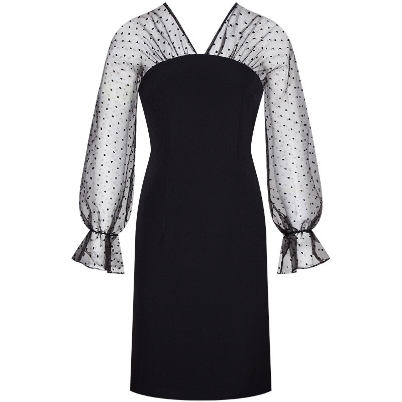 YIGELILA Herfst Nieuwkomers Zwarte Jurk V-hals Lange Sleevs Elegante Jurk knielange Flare Mouwen Jurk 65231