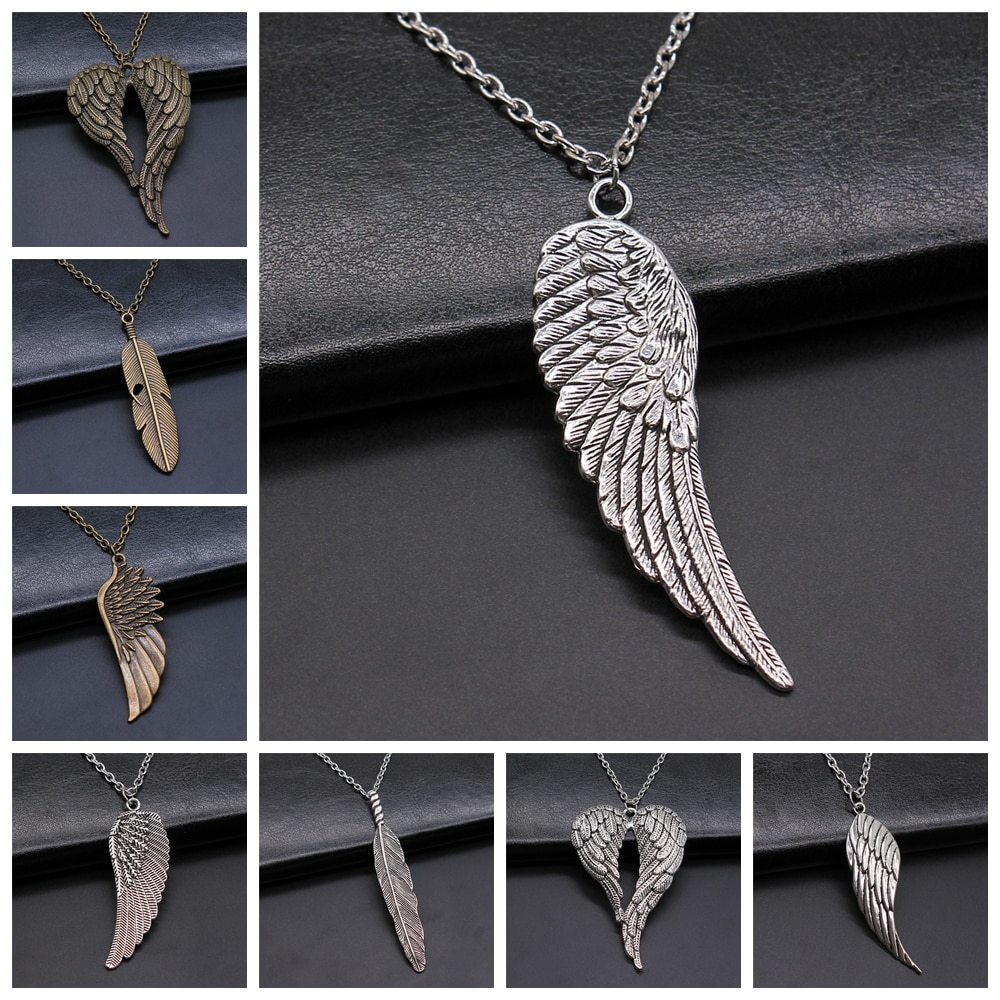 2 Colors Antique Silver Color Antique Bronze Color Bird Wings &amp; Feather Pendant Necklace For Women Men Girl Boy Metal Chain