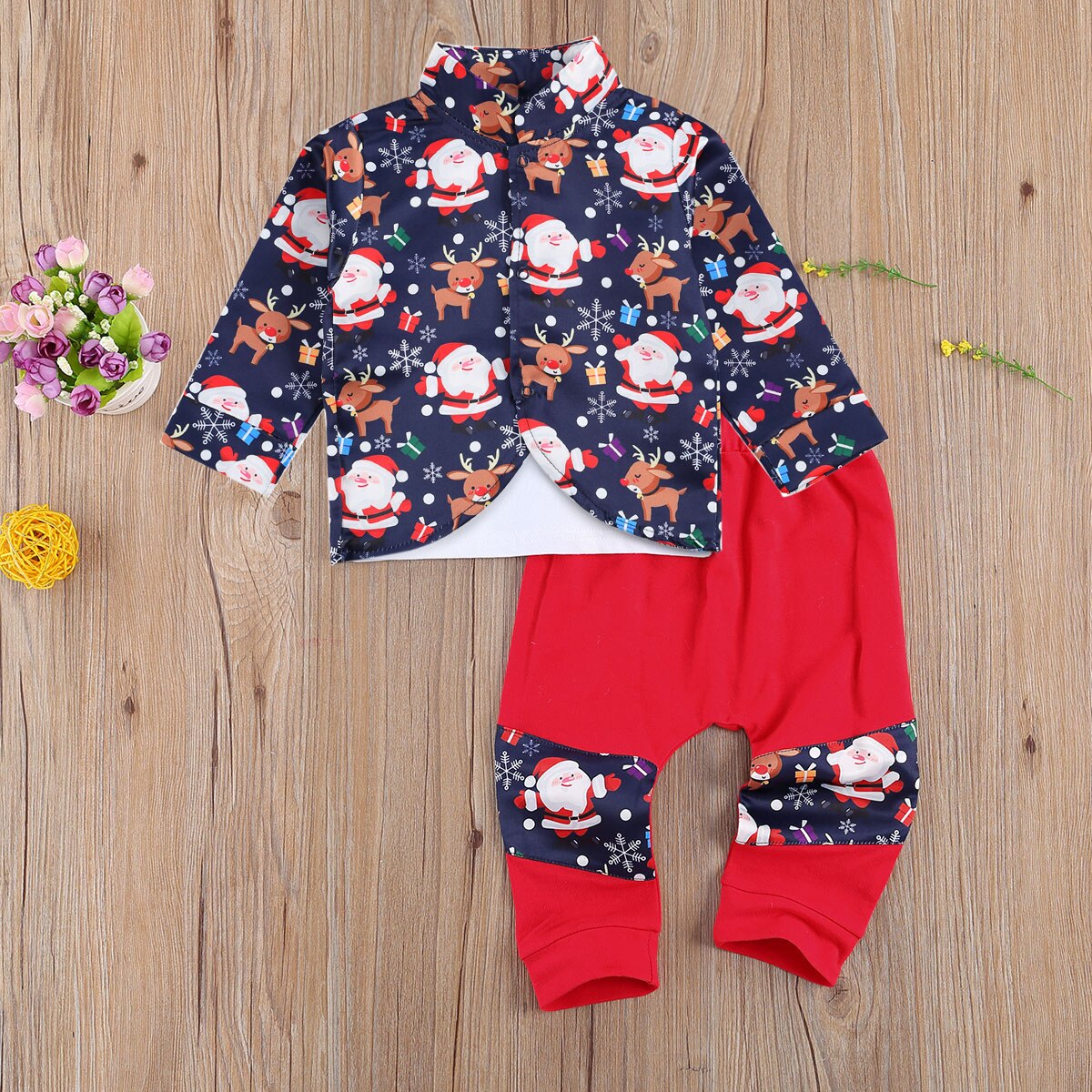 Baby Kds Baby Jongens Kerst Kleding Set Kerstman Elanden Print Jassen Lange Mouw Strik Overhemd Patchwork Broek 3 stuks Outfits