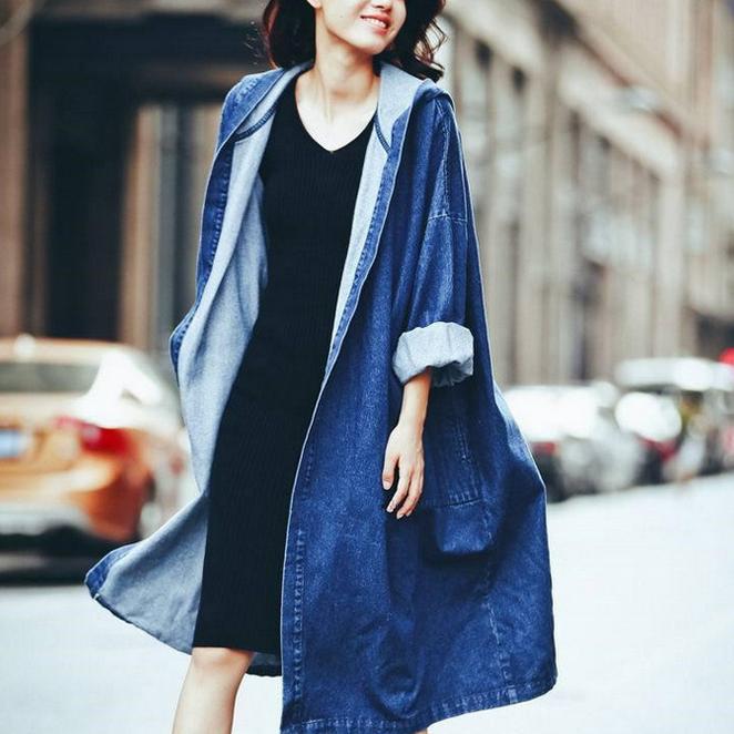Trench coat en denim femme, ample super long en denim trench coat femme, décontracté avec capuche en denim, printemps