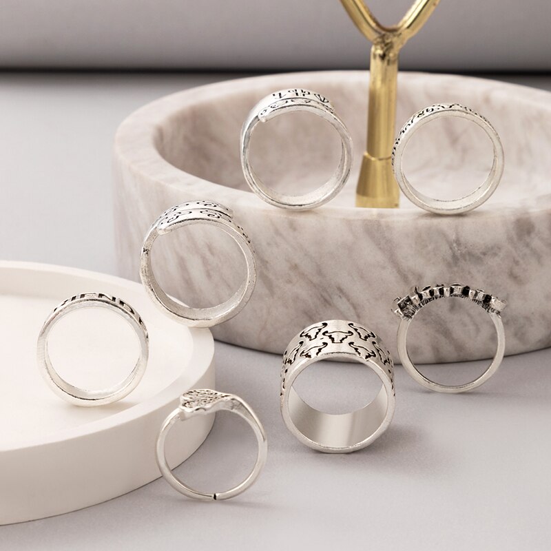 Docona 7 Stks/set Vintage Bull Hoorn Vlinder Ringen Voor Vrouwen Cactus Hart Brief Gelukkig Geometrie Ring Set Sieraden Anillos 20891