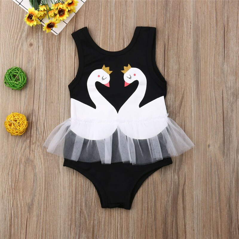 Summer Kids Girls Swimwear Swan Print Swimming Lace Kids Bathing Suit Bikini Swimsuit Girls One Piece Swimwear Children Swimsuit