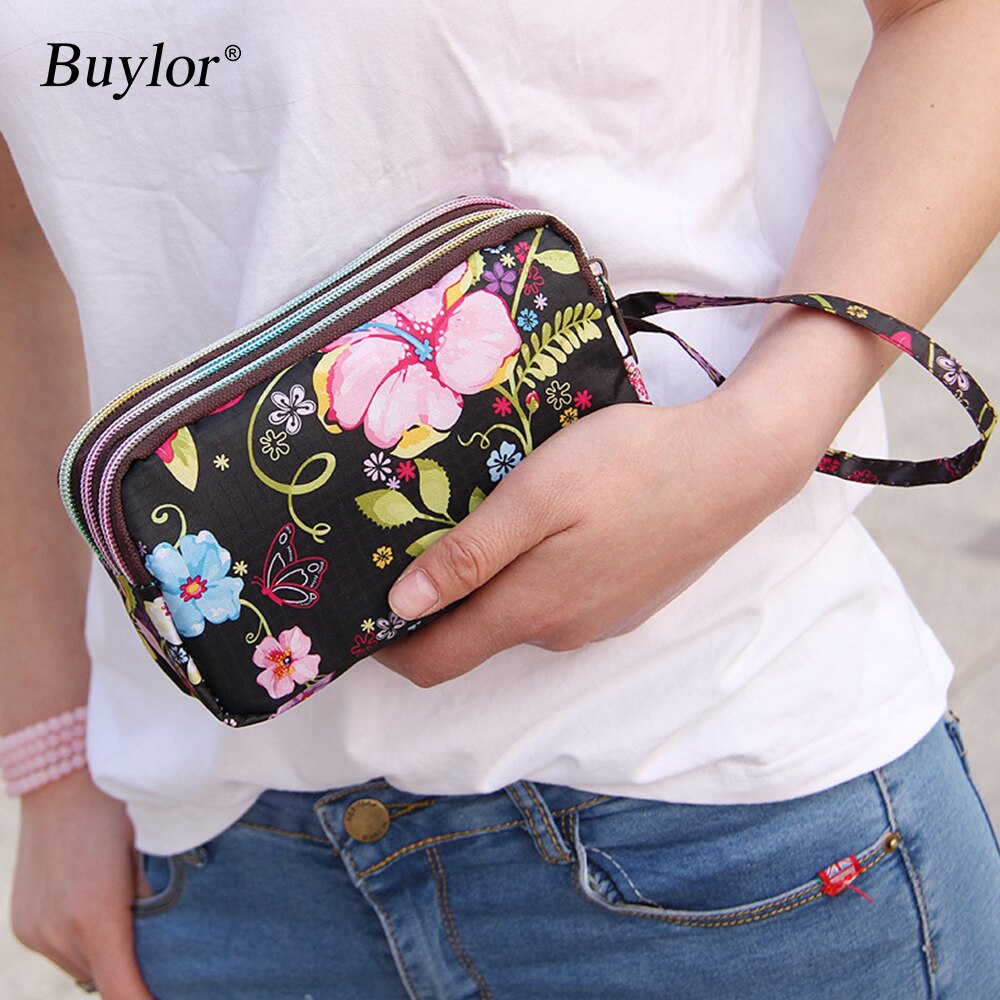 Buylor portfele dla kobiet torebka poliester etui na telefon Organizer na dokumenty karty dama Organizer moneta torebka 3 zamek kwiatowy kieszenie sprzęgło