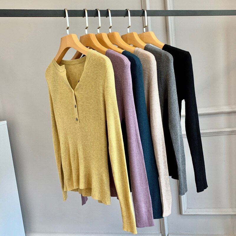 Wol Henley Trui Rib Gebreide Truien Vrouwen Basic Trui Tops: YELLOW