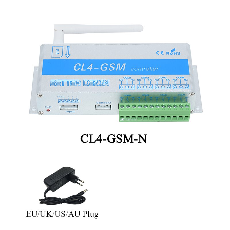 SMS 2G GSM APP 4 Channel Relay ON/OFF Switch Remote Controller CL4-GSM Support Temperature Humidity Monitoring Power Fail Alert: CL4-GSM-N