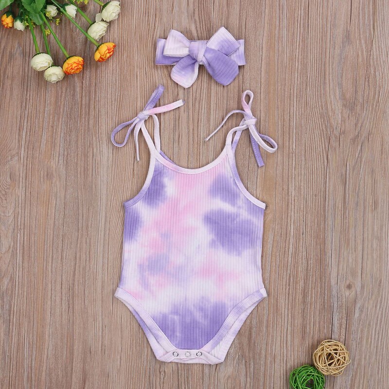 Focusnorm 0-24M 2 Stuks Baby Baby Meisjes Jongens Tie-Dye Bodysuit Mouwloze Riem Bodysuits Hoofdband Gedrukt jumpsuits