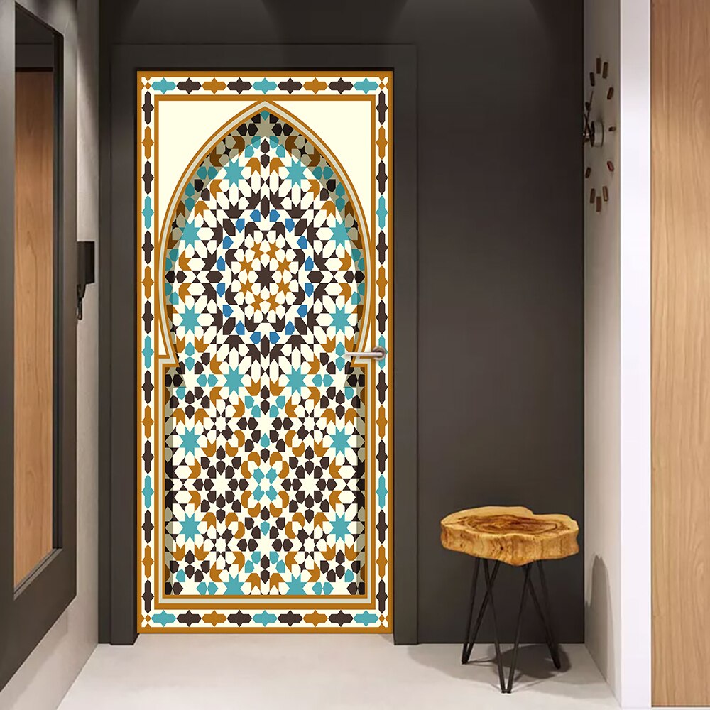 Muslim Style Floral Door Sticker Home Decoration DIY Wall Stickers Bedroom Kitchen Art Wallpaper Peel &amp; Stick Vinyl Wall Decals