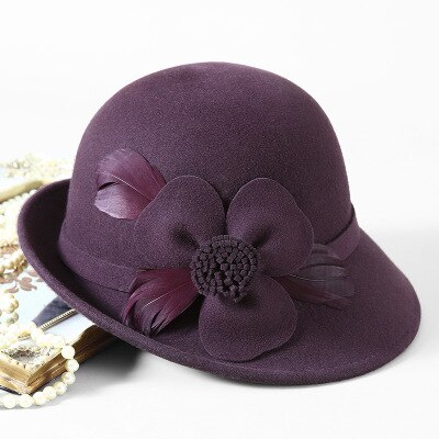 Beckyruiwu up-turn brim flower 100%  uldfilt hatte dame banket formel uld fedora hat: Lilla