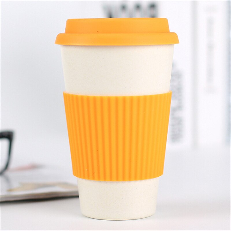 12OZ Eco-friendly Bamboo Fiber coffee Cup mugs coffee tumbler water bottle with cup cover: orange