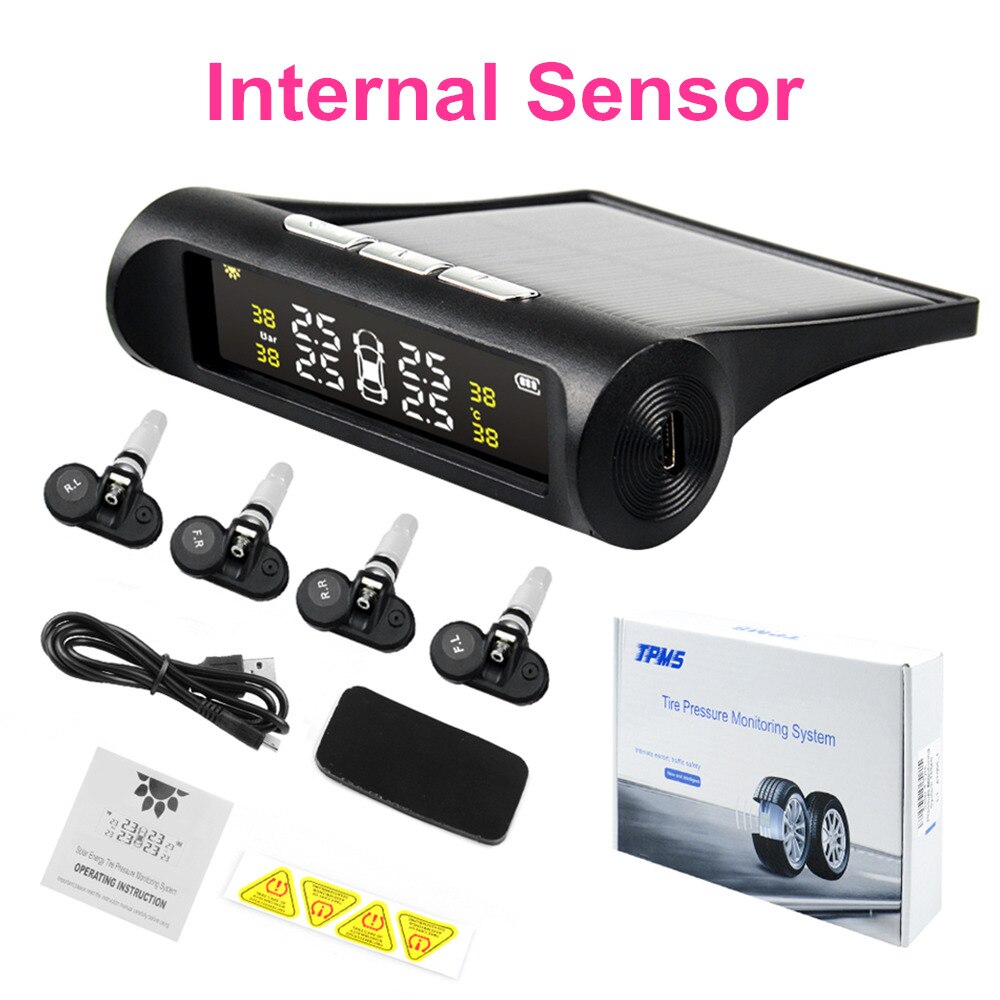 External / Internal Solar Power TPMS Car Tire Pressure Monitoring System LCD 4 Sensors for CARs Temperature Warning CAR Safety: 4PCS Internal Sensor