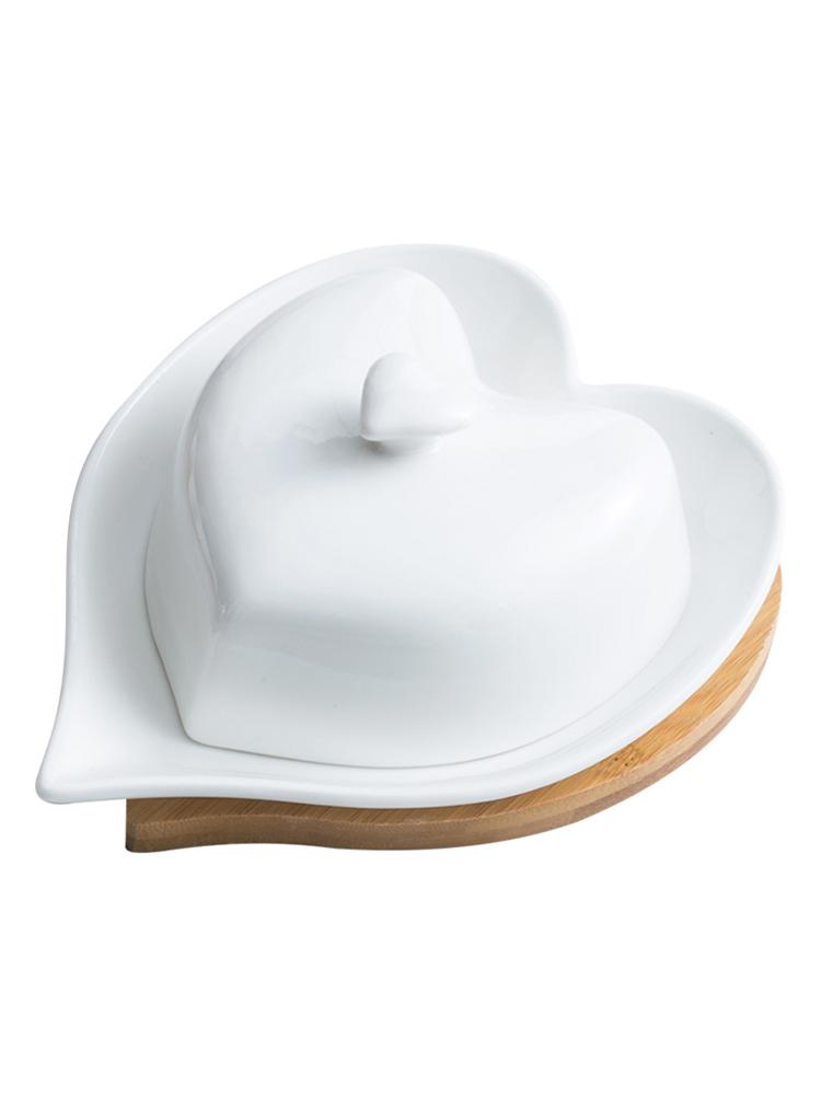 Plato de mantequilla de cerámica con forma de corazón, para cocina, con Base de bambú y madera, bandeja de almacenamiento de queso puro, plato de mantequilla