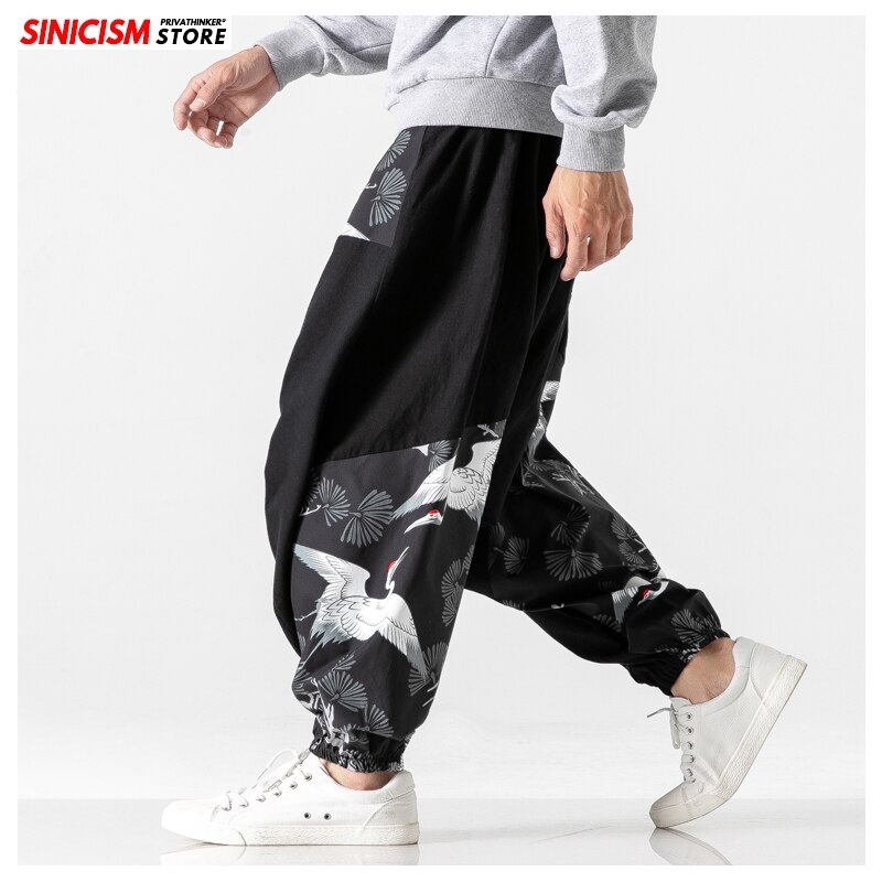 MrGoldenBowl Store-pantalones bombachos holgados para hombre, ropa tradicional informal, de algodón con estampado de grulla, a la , otoño, 2022