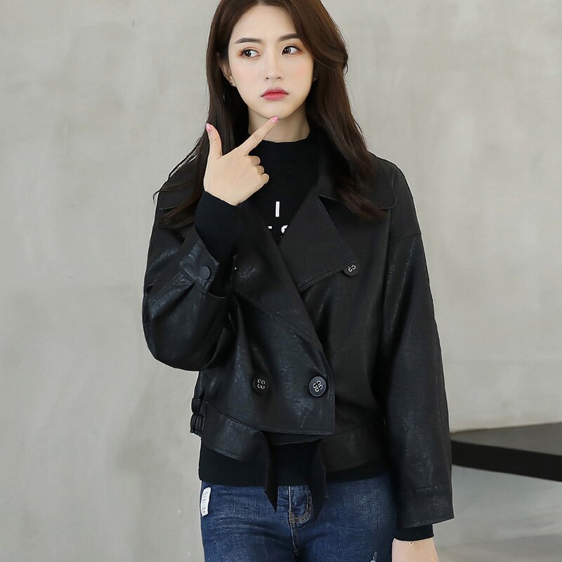 Blouson manches chauve-souris en similicuir femme, ample pour motard , grand revers court à la décontracté: Black / S