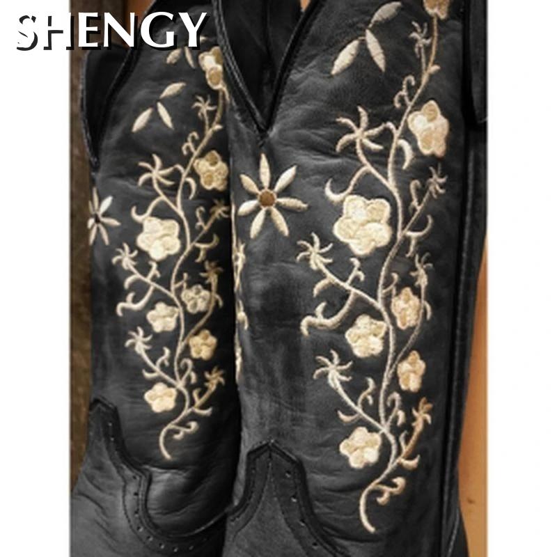 Nouvelle femmes bottes fleurs brodées Western bottes Cowgirl bottines femmes genou haute équitation Vintage bottes de plein air
