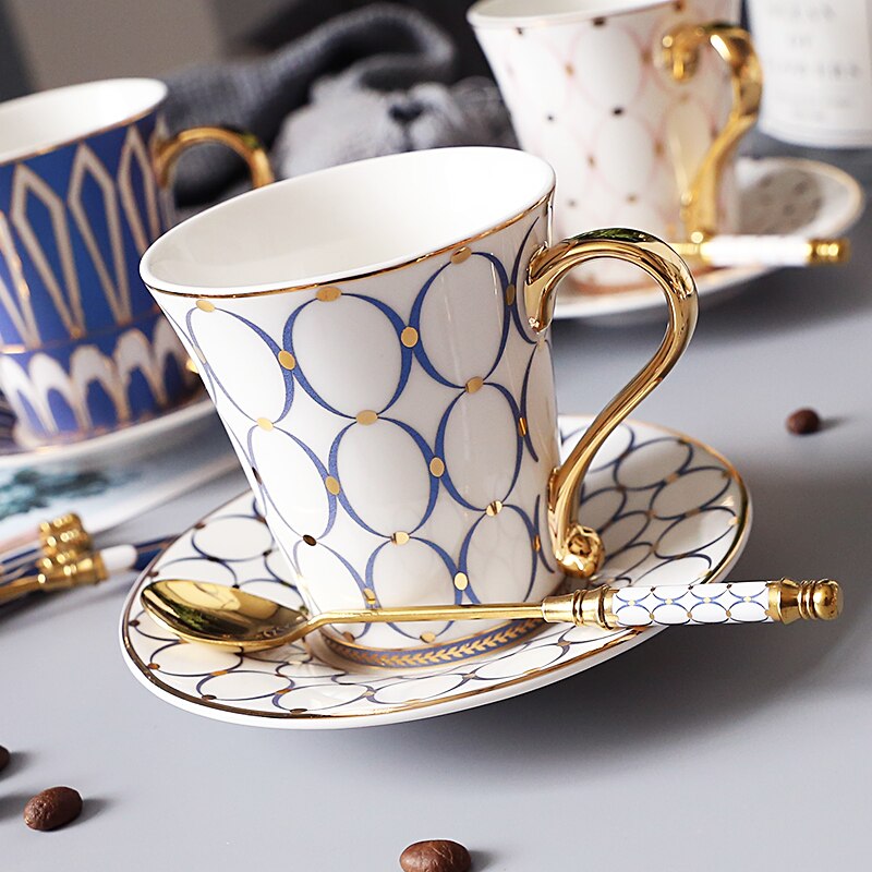 Porcelana Espana taza De café y platillo De lujo real De China De hueso Tazas De Ceramica Creativas porcelana Espresso taza De lujo: D blue
