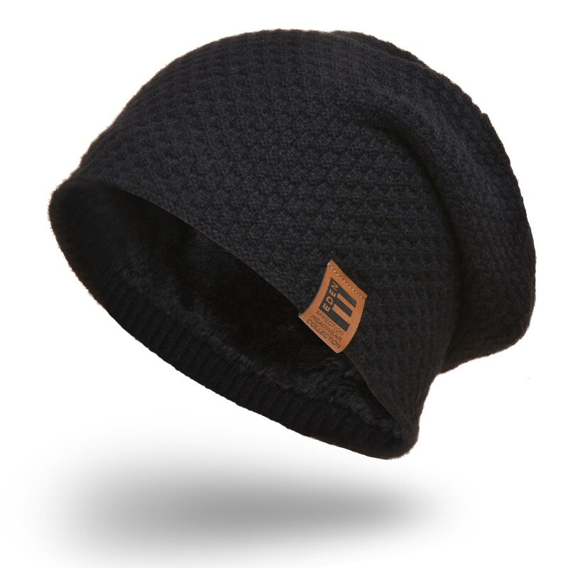 Märke skullies mössor herr stickad mössa vinter mössor för män dam keps vinter mössa gorro tjock varm huva herr vintermössa: Svart