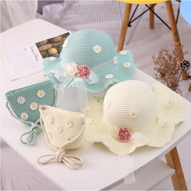 Sombreros bonitos de paja para niños, sombrero de punto con flores para verano, sombrero de Sol para niña, sombrero de ala grande de protección solar, sombrero de punto, sombrero de sol
