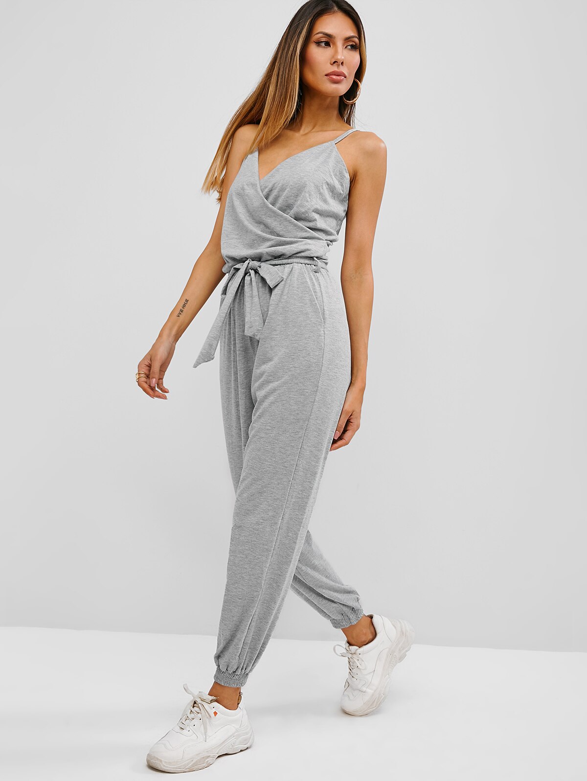 ZAFUL Women Jumpsuits Rompers Cami Belted Surplice Jogger Jumpsuit Solid V-Neck Loose Overalls Pants Casual Wear: Light Gray / M