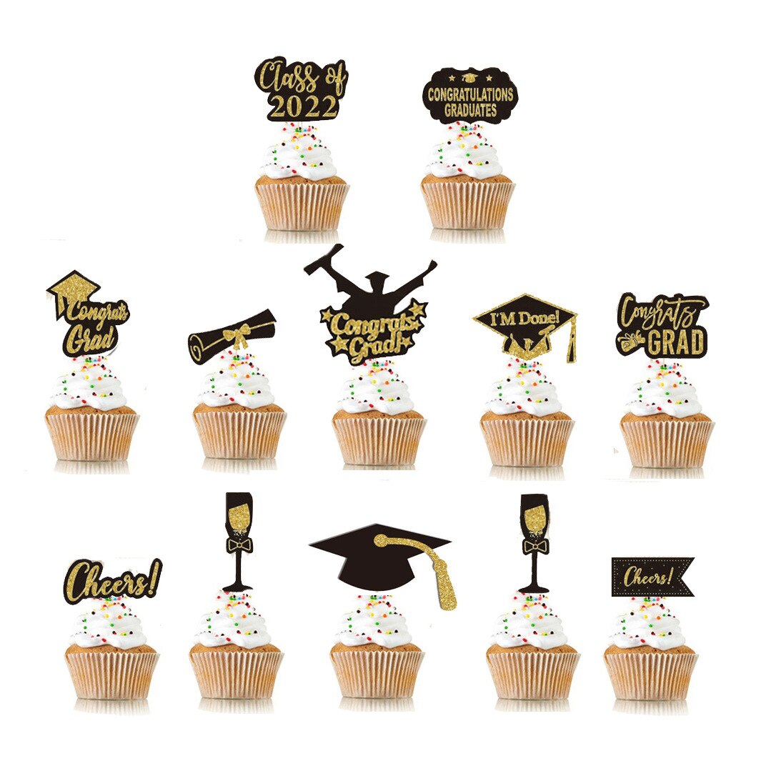 12/24pcs Graduation Party Cupcake Wrappers with Cake Topper Class Of 2022 Cupcake Topper Wrapper Cake Party Supplies Decorations: H-12pcs cake topper