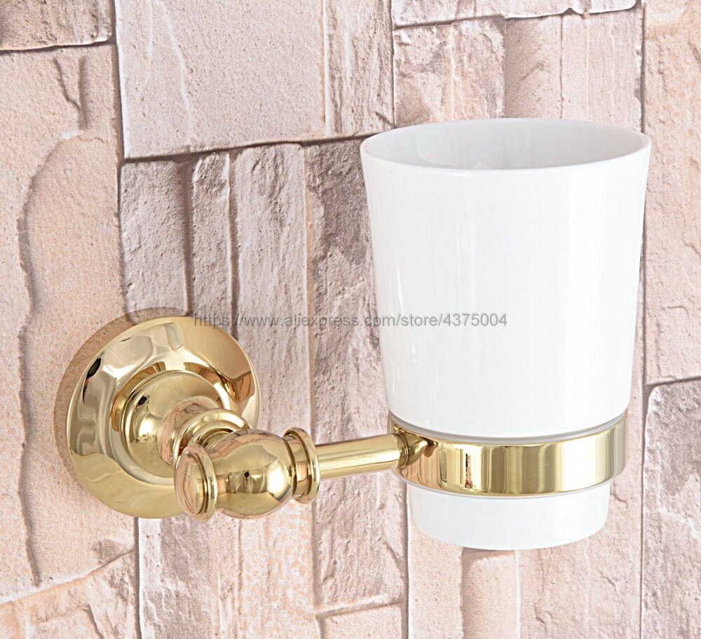 Luxe Goud Kleur Messing Badkamer Bekerhouder Keramische Enkele Bekerhouder Badkamer Cup Rack Holder Badkamer Accessoires Nba310