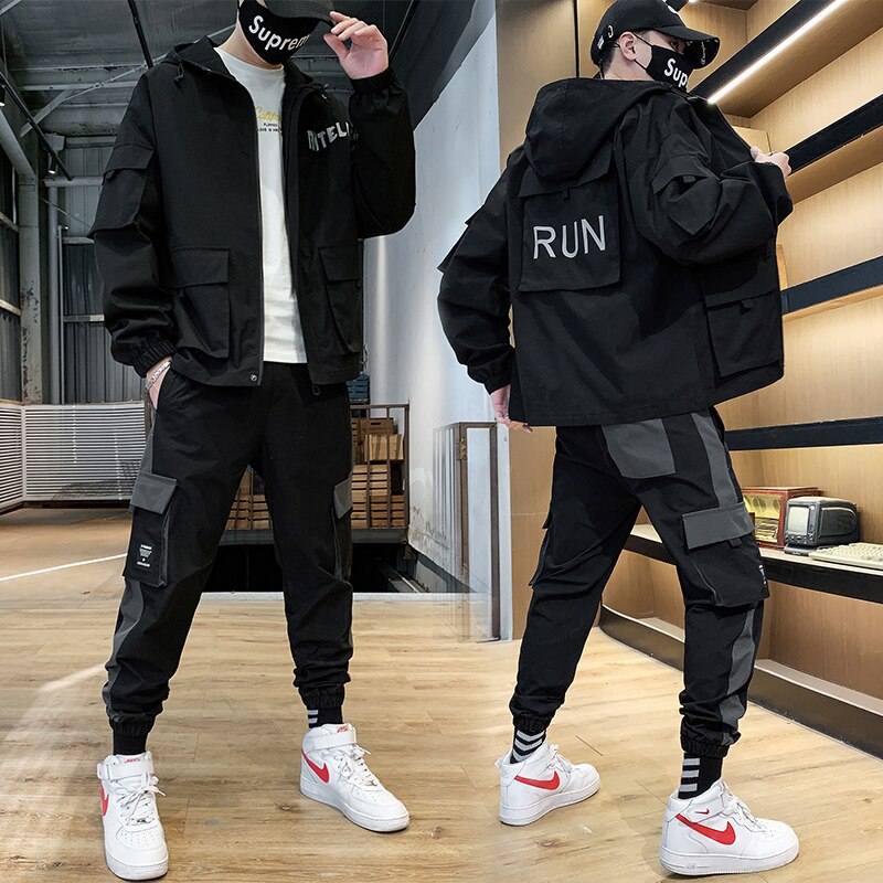 Herfst Mannen Trainingspak Sets Zakken Rits Fitness Casual Pak Mannen Met Lange Mouwen Jas + Broek 2 Stuks Mode Heren Sportkleding suits
